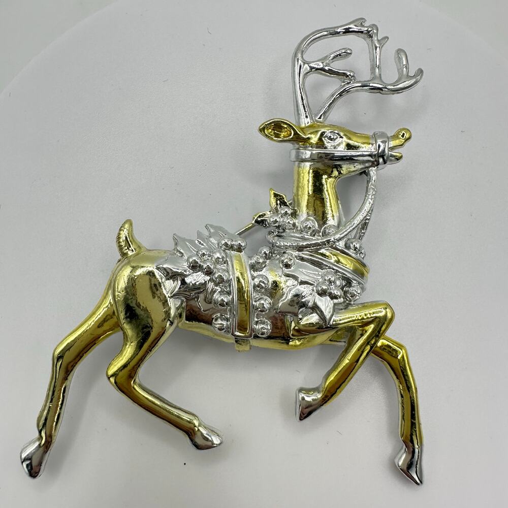 Danecraft vintage silver gold two tone large reindeer animal figural pin brooch